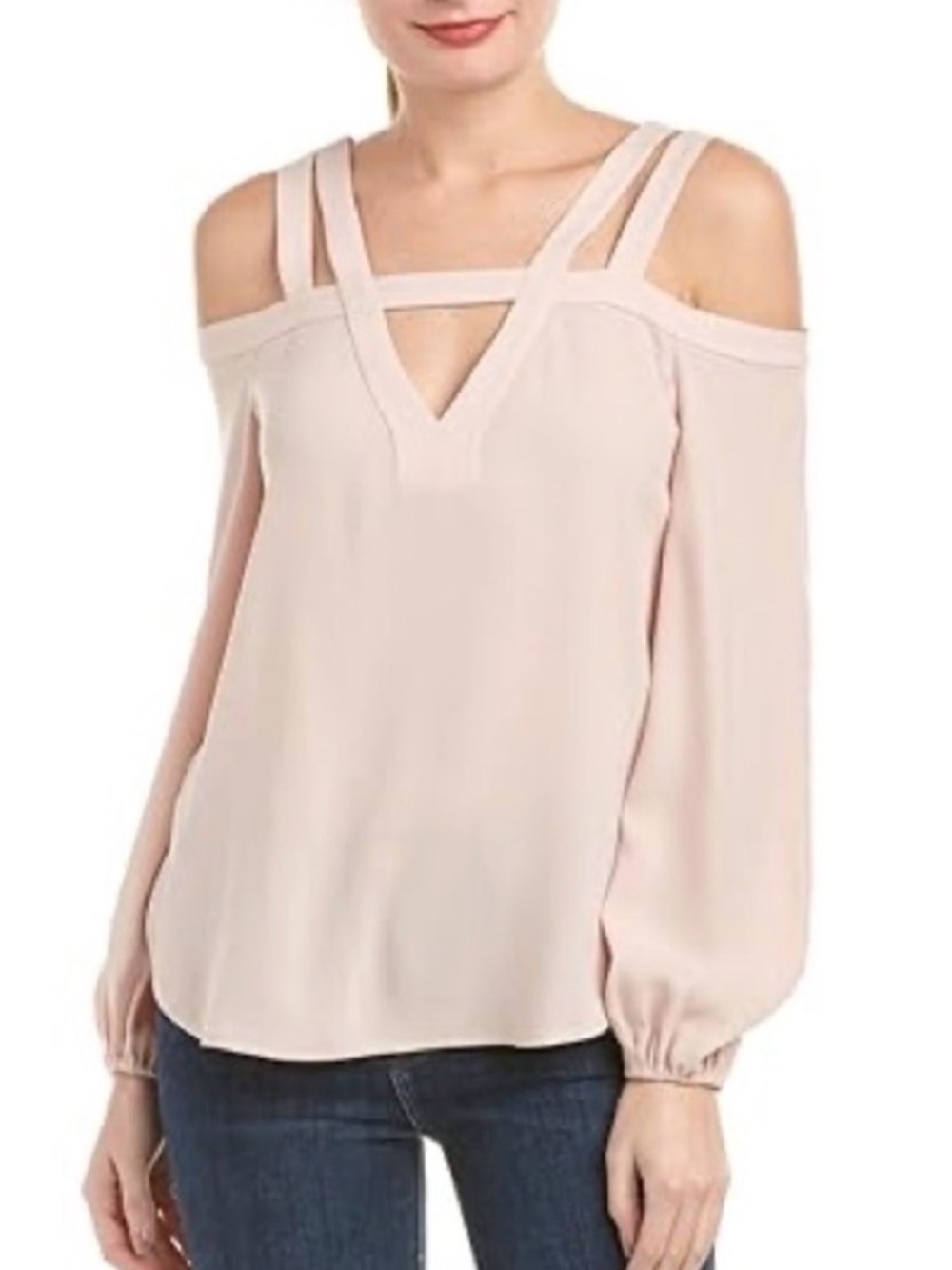 BCBGMaxAzria Pale Blush Cold-Shoulder Strappy V-Neck Blouse